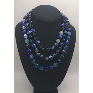 Anthropologie Midnight Blue Beaded Necklace Marbled Glass Beads 3 Strands
